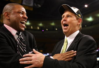 BOSTON - JUNE 17:  Head coach Doc Rivers and Executive Director of Basketball Operations Danny Ainge of the Boston Celtics celebrate after defeating the Los Angeles Lakers in Game Six of the 2008 NBA Finals on June 17, 2008 at TD Banknorth Garden in Boston, Massachusetts. NOTE TO USER: User expressly acknowledges and agrees that, by downloading and/or using this Photograph, user is consenting to the terms and conditions of the Getty Images License Agreement.  (Photo by Elsa/Getty Images)
