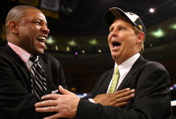 BOSTON - JUNE 17:  Head coach Doc Rivers and Executive Director of Basketball Operations Danny Ainge of the Boston Celtics celebrate after defeating the Los Angeles Lakers in Game Six of the 2008 NBA Finals on June 17, 2008 at TD Banknorth Garden in Boston, Massachusetts. NOTE TO USER: User expressly acknowledges and agrees that, by downloading and/or using this Photograph, user is consenting to the terms and conditions of the Getty Images License Agreement.  (Photo by Elsa/Getty Images)