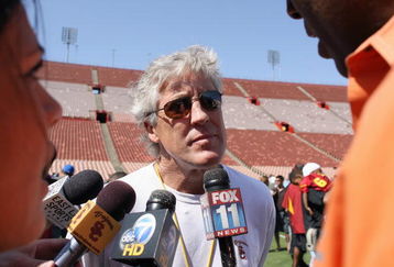 LOS ANGELES, CA - APRIL 25:  Head coach Pete Carroll of the USC Trojans speaks to the media at the spring game on April 25, 2009 at the Los Angeles Memorial Coliseum in Los Angeles, California.  The cardinal team won 16-10.  (Photo by Jeff Golden/Getty Images)