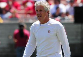 LOS ANGELES, CA - APRIL 25:  Head coach Pete Carroll of the USC Trojans walks on the field during the spring game on April 25, 2009 at the Los Angeles Memorial Coliseum in Los Angeles, California.  (Photo by Matt Kincaid/Getty Images)