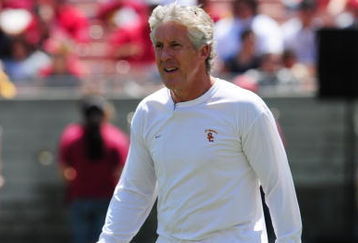 LOS ANGELES, CA - APRIL 25:  Head coach Pete Carroll of the USC Trojans walks on the field during the spring game on April 25, 2009 at the Los Angeles Memorial Coliseum in Los Angeles, California.  (Photo by Matt Kincaid/Getty Images)