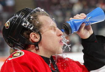 OTTAWA, CANADA - DECEMBER 17: Dany Heatley #15 of the Ottawa Senators drinks water during the game against the Toronto Maple Leafs  on December 17, 2005 at the Corel Centre in Ottawa, Canada. The Senators defeated the Maple Leafs 8-2. (Photo by: Phillip MacCallum/Getty Images)