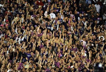 FORT WORTH, TX - OCTOBER 16:  Fans cheer for the TCU Horned Frogs during play against the BYU Cougars at Amon G. Carter Stadium on October 16, 2008 in Fort Worth, Texas.  (Photo by Ronald Martinez/Getty Images)