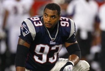 FOXBORO, MA - AUGUST 7: Richard Seymour #93 of the New England Patriots looks on while resting on his right knee against the Baltimore Ravens during the preseason game at Gillette Stadium on August 7, 2008 in Foxboro, Massachusetts. (Photo by Jim Rogash/Getty Images)