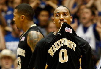 DURHAM, NC - FEBRUARY 22:  Jeff Teague #0 of the Wake Forest Demon Deacons reacts against the Duke Blue Devils during their game at Cameron Indoor Stadium on February 22, 2009 in Durham, North Carolina.  (Photo by Streeter Lecka/Getty Images)