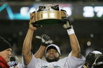 PHILADELPHIA - JANUARY 23:  Quarterback Donovan McNabb #5 of the Philadelphia Eagles celebrates with the George Halas NFC Championship trophy after defeating the Atlanta Falcons 27-10 in the NFC Championship game at Lincoln Financial Field on January 23, 2005 in Philadelphia, Pennsylvannia.  (Photo by Brian Bahr/Getty Images)