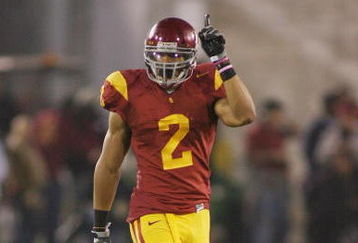 LOS ANGELES - NOVEMBER 29:  Taylor Mays #2 of the USC Trojans gestures as he lines up against the Notre Dame Fighting Irish on November 29, 2008 at the Los Angeles Memorial Coliseum in Los Angeles, California.  USC won 38-3.  (Photo by Jeff Golden/Getty Images)