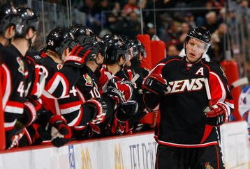 OTTAWA - NOVEMBER 22:   Dany Heatley #15 of the Ottawa Senators is congratulated by his teammates on the bench after setting up the opening goal of the game against the New York Rangers on November 22, 2008 at the Scotiabank Place in Ottawa, Canada. (Photo by Phillip MacCallum/Getty Images)