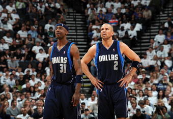 SAN ANTONIO - APRIL 18: Guard Jason Kidd #2 of the Dallas Mavericks and Jason Terry #31 during play with the San Antonio Spurs in Game One of the Western Conference Quarterfinals during the 2009 NBA Playoffs at AT&T Center on April 18, 2009 in San Antonio, Texas. NOTE TO USER: User expressly acknowledges and agrees that, by downloading and or using this photograph, User is consenting to the terms and conditions of the Getty Images License Agreement.  (Photo by Ronald Martinez/Getty Images)