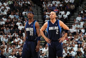 SAN ANTONIO - APRIL 18: Guard Jason Kidd #2 of the Dallas Mavericks and Jason Terry #31 during play with the San Antonio Spurs in Game One of the Western Conference Quarterfinals during the 2009 NBA Playoffs at AT&T Center on April 18, 2009 in San Antonio, Texas. NOTE TO USER: User expressly acknowledges and agrees that, by downloading and or using this photograph, User is consenting to the terms and conditions of the Getty Images License Agreement.  (Photo by Ronald Martinez/Getty Images)
