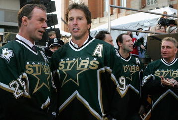 DALLAS - JANUARY 22:   Mike Modano #9 and Joe Nieuwendyk #25 of the 1999 Dallas Stars Stanley Cup team look on during the 1999 Dallas Stars Stanley Cup Reunion at the American Airlines Center on January 22, 2007 in Dallas, Texas.  (Photo by Bruce Bennett/Getty Images)