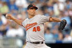 KANSAS CITY - MAY 14:  Jeremy Guthrie #46 of the Baltimore Orioles pitches against the Kansas City Royals on May 14, 2009 at Kauffman Stadium in Kansas City, Missouri. (Photo by: Jamie Squire/Getty Images)