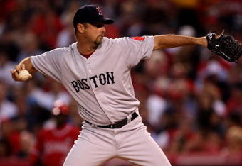 ANAHEIM, CA - MAY 13:  Pitcher Tim Wakefield #49 of the Boston Red Sox throws a pitch against the Los Angeles Angels of Anaheim on May 13, 2009 at Angel Stadium in Anaheim, California.  (Photo by Stephen Dunn/Getty Images)