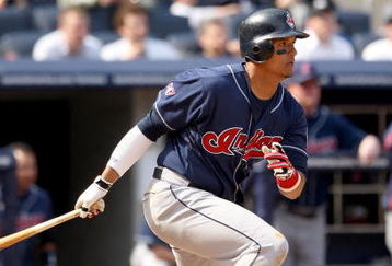 NEW YORK - APRIL 19:  Victor Martinez #41 of the Cleveland Indians bats against the New York Yankees at Yankee Stadium on April 19, 2009 in the Bronx borough of New York City.  (Photo by Ezra Shaw/Getty Images)