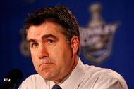 DETROIT - MAY 08: Head coach Dave Tippett of the Dallas Stars talks with the media after being defeated in game one of the Western Conference Finals of the 2008 NHL Stanley Cup Playoffs to the Detroit Red Wings at Joe Louis Arena on May 8, 2008 in Detroit, Michigan. The Red Wings defeated the Stars 4-1 to set the series 1-0 Red Wings. (Photo by Dave Sandford/Getty Images)