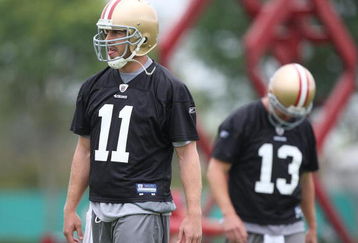SANTA CLARA, CA - MAY 01:  Quarterbacks Alex Smith #11 and Shaun Hill #13 of the San Francisco 49ers look on during the 49ers Minicamp at their training facilities on May 1, 2009 in Santa Clara, California.  (Photo by Jed Jacobsohn/Getty Images)