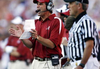 GAINESVILLE, FL - SEPTEMBER 30:  Alabama Crimson head coach Mike Shula shouts instruction against the Florida Gators September 30, 2006 at Ben Hill Griffin Stadium at Florida Field  in Gainsville, Florida.  (Photo by Marc Serota/Getty Images)