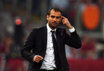 ROME - MAY 27:  Josep Guardiola coach of Barcelona reacts during the UEFA Champions League Final match between Barcelona and Manchester United at the Stadio Olimpico on May 27, 2009 in Rome, Italy.  (Photo by Laurence Griffiths/Getty Images)
