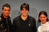 ZURICH, SWITZERLAND - DECEMBER 17:  Cristiano Ronaldo (L) of Manchester United and Portugal poses alongside Kaka (C) of AC Milan and Brazil  and Lionel Messi of Barcelona and Argentina during the FIFA World Player of The Year Gala 2007 at the Zurich Opera House on December 17, 2007 in Zurich, Switzerland.  (Photo by Michael Steele/Getty Images)
