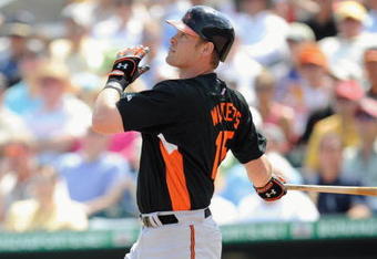 JUPITER, FL - FEBRUARY 27: Matt Wieters #15 of the Baltimore Orioles bats against the Florida Marlins during a spring training game at Roger Dean Stadium on February 27, 2009 in Jupiter, Florida. (Photo by Rob Tringali/Getty Images)