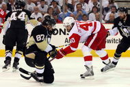 PITTSBURGH - JUNE 09:  Henrik Zetterberg #40 of the Detroit Red Wings has his shot blocked by Sidney Crosby #87 of the Pittsburgh Penguins during Game Six of the NHL Stanley Cup Finals at the Mellon Arena on June 9, 2009 in Pittsburgh, Pennsylvania.  (Photo by Jim McIsaac/Getty Images)