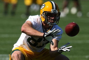 GREEN BAY, WI - JULY 28: Jordy Nelson #87 of the Green Bay Packers catches a pass during summer training camp on July 28, 2008 at the Hutson Center in Green Bay, Wisconsin. (Photo by Jonathan Daniel/Getty Images)
