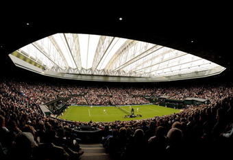 LONDON, ENGLAND - MAY 17:  A general view of the closed centre court roof during the Mixed Doubles match of Andre Agassi and Steffi Graf against Tim Henman and Kim Clijsters during the 'Centre Court Celebration' at Wimbledon on May 17, 2009 in London, England.  (Photo by AELTC/Pool/Getty Images)