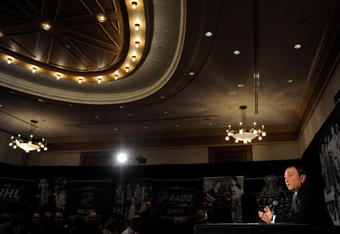 DETROIT - MAY 30:  Gary Bettman speaks during a press conference prior to the start of Game 1 of the 2009 Stanley Cup Finals between the Pittsburgh Penguins and the Detroit Red Wings at the Renaissance Center on May 30, 2009 in Detroit, Michigan.  (Photo by Harry How/Getty Images)