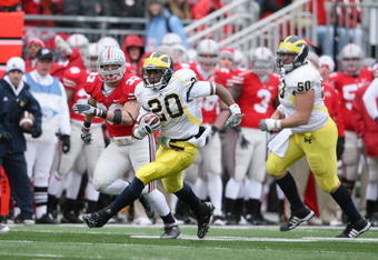 COLUMBUS, OH - NOVEMBER 22:  Michael Shaw #20 of the Michigan Wolverines carries the ball during the Big Ten Conference game against the Ohio State Buckeyes at Ohio Stadium on November 22, 2008 in Columbus, Ohio.  (Photo by Andy Lyons/Getty Images)
