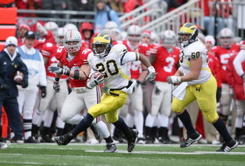 COLUMBUS, OH - NOVEMBER 22:  Michael Shaw #20 of the Michigan Wolverines carries the ball during the Big Ten Conference game against the Ohio State Buckeyes at Ohio Stadium on November 22, 2008 in Columbus, Ohio.  (Photo by Andy Lyons/Getty Images)
