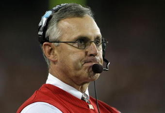 GLENDALE, AZ - JANUARY 05:  Head coach Jim Tressel of the Ohio State Buckeyes reacts during the Tostitos Fiesta Bowl Game against the Texas Longhorns on January 5, 2009 at University of Phoenix Stadium in Glendale, Arizona.   The Longhorns defeated the Buckeyes 24-21.  (Photo by Doug Pensinger/Getty Images)