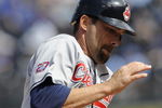 KANSAS CITY, MO - APRIL 15:  Mark Derosa of the Cleveland Indians, wearing a #42 jersey during the Jackie Robinson Day game runs past third base on the way to scoring a run against the Kansas City Royals on April 15, 2009 at Kauffman Stadium in Kansas City, Missouri.  (Photo by G. Newman Lowrance/Getty Images)
