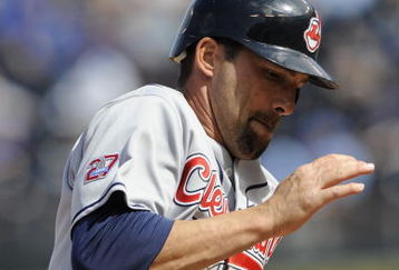 KANSAS CITY, MO - APRIL 15:  Mark Derosa of the Cleveland Indians, wearing a #42 jersey during the Jackie Robinson Day game runs past third base on the way to scoring a run against the Kansas City Royals on April 15, 2009 at Kauffman Stadium in Kansas City, Missouri.  (Photo by G. Newman Lowrance/Getty Images)