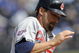 KANSAS CITY, MO - APRIL 15: Mark Derosa of the Cleveland Indians, wearing a #42 jersey during the Jackie Robinson Day game runs past third base on the way to scoring a run against the Kansas City Royals on April 15, 2009 at Kauffman Stadium in Kansas City, Missouri. (Photo by G. Newman Lowrance/Getty Images)