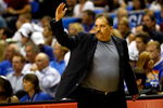 ORLANDO, FL - JUNE 09:  Head coach Stan Van Gundy of the Orlando Magic reacts from the sideline in the first half of Game Three of the 2009 NBA Finals against the Los Angeles Lakers on June 9, 2009 at Amway Arena in Orlando, Florida.  NOTE TO USER:  User expressly acknowledges and agrees that, by downloading and or using this photograph, User is consenting to the terms and conditions of the Getty Images License Agreement.  (Photo by Chris Graythen/Getty Images)