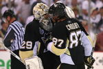 PITTSBURGH - JUNE 09:  Goaltender Marc-Andre Fleury #29 and Sidney Crosby #87 of the Pittsburgh Penguins celebrates a 2-1 win over the Detroit Red Wings during Game Six of the NHL Stanley Cup Finals at the Mellon Arena on June 9, 2009 in Pittsburgh, Pennsylvania.  (Photo by Jim McIsaac/Getty Images)