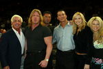 NEW YORK - MARCH 9:  WWE wrestlers (L-R) Ric Flair, Triple H, Batista, Randy Orton, Stacy Kiebler & Miss Jackie attend the New York Knicks v Boston Celtics  NBA game March 9, 2004 at Madison Square Garden in New York City.   (Photo by Ray Amati/Getty Images)