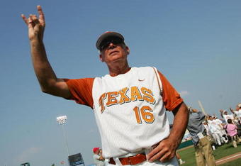 OMAHA, NE - JUNE 26:  Head coach Augie Garrido #16 of the Texas Longhorns celebrate after defeating the Florida Gators during Game 2 of the championship series of the 59th College World Series at Rosenblatt Stadium on June 26, 2005 in Omaha, Nebraska.  (Photo by Jed Jacobsohn/Getty Images)