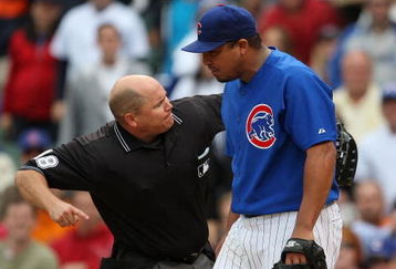 CHICAGO - MAY 27: Home plate umpire Mark Carlson #48 ejects starting pitcher Carlos Zambrano #38 of the Chicago Cubs after an arguement over a play at the plate between Zambrano and Nyjer Morgan of the Pittsburgh Pirates on May 27, 2009 at Wrigley Field in Chicago, Illinois. The Cubs defeated the Pirates 5-2. (Photo by Jonathan Daniel/Getty Images)