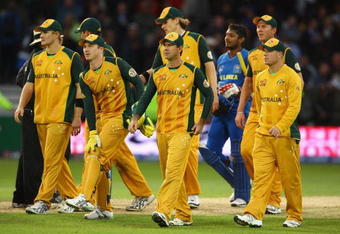 NOTTINGHAM, ENGLAND - JUNE 08:  Ricky Ponting of Australia and his team mates leave the field dejectedly at the end of the ICC World Twenty20 match between Australia and Sri Lanka at Trent Bridge on June 8, 2009 in Nottingham, England.  (Photo by Matthew Lewis/Getty Images)