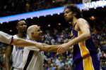 ORLANDO, FL - JUNE 11:  Referee Bennett Salvatore holds back Pau Gasol #16 of the Los Angeles Lakers during the game against the Orlando Magic in Game Four of the 2009 NBA Finals on June 11, 2009 at Amway Arena in Orlando, Florida.  NOTE TO USER:  User expressly acknowledges and agrees that, by downloading and or using this photograph, User is consenting to the terms and conditions of the Getty Images License Agreement.  (Photo by Chris Graythen/Getty Images)