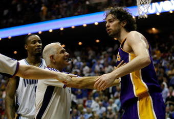 ORLANDO, FL - JUNE 11:  Referee Bennett Salvatore holds back Pau Gasol #16 of the Los Angeles Lakers during the game against the Orlando Magic in Game Four of the 2009 NBA Finals on June 11, 2009 at Amway Arena in Orlando, Florida.  NOTE TO USER:  User expressly acknowledges and agrees that, by downloading and or using this photograph, User is consenting to the terms and conditions of the Getty Images License Agreement.  (Photo by Chris Graythen/Getty Images)