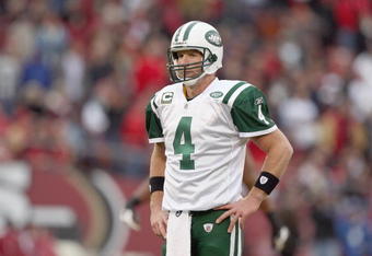 SAN FRANCISCO - DECEMBER 07:  Brett Favre #4 of the New York Jets looks on the field against the San Francisco 49ers during an NFL game on December 7, 2008 at Candlestick Park in San Francisco, California. (Photo by Jed Jacobsohn/Getty Images)