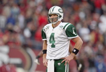SAN FRANCISCO - DECEMBER 07:  Brett Favre #4 of the New York Jets looks on the field against the San Francisco 49ers during an NFL game on December 7, 2008 at Candlestick Park in San Francisco, California. (Photo by Jed Jacobsohn/Getty Images)