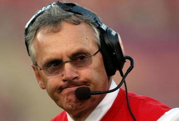LOS ANGELES, CA - SEPTEMBER 13:  Head coach Jim Tressel of the Ohio State Buckeyes reacts in the second quarter against the USC Trojans during the college football game at the Los Angeles Memorial Coliseum on September 13, 2008 in Los Angeles, California.  (Photo by Stephen Dunn/Getty Images)