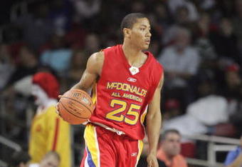 LOUISVILLE, KY  - MARCH 28:  Derrick Rose #25 of the West Team moves the ball against the East Team during the McDonald's All American High School Basketball Game on March 28, 2007 at Freedom Hall in Louisville, Kentucky. The West won 114-112. (Photo by Andy Lyons/Getty Images)