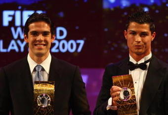 ZURICH, SWITZERLAND - DECEMBER 17:  (L-R) Kaka of AC Milan and Brazil winner of World Player,Cristiano Ronaldo third placed, of Manchester United and Portugal and Lionel Messi runner up of Barcelona and Argentina pose with their awards during the FIFA World Player of The Year Gala 2007 at the Zurich Opera House on December 17, 2007 in Zurich, Switzerland.  (Photo by Michael Steele/Getty Images)
