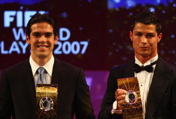 ZURICH, SWITZERLAND - DECEMBER 17:  (L-R) Kaka of AC Milan and Brazil winner of World Player,Cristiano Ronaldo third placed, of Manchester United and Portugal and Lionel Messi runner up of Barcelona and Argentina pose with their awards during the FIFA World Player of The Year Gala 2007 at the Zurich Opera House on December 17, 2007 in Zurich, Switzerland.  (Photo by Michael Steele/Getty Images)
