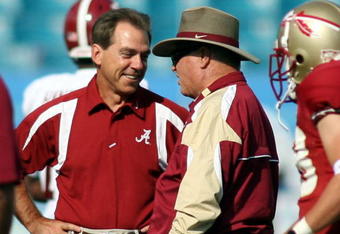 JACKSONVILLE, FL - SEPTEMBER 29:  University of Alabama coach Nick Saban chats with coach Bobby Bowden of Florida State University September 29, 2007 at Jacksonville Municipal Stadium in Jacksonville, Florida.  (Photo by Marc Serota/Getty Images)