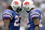 ORCHARD PARK, NY - SEPTEMBER 21:  Marshawn Lynch #23 and Fred Jackson #22 of the Buffalo Bills celebrate Lynch's first touchdown against the Oakland Raiders on September 21, 2008 at Ralph Wilson Stadium in Orchard Park, New York. Buffalo won 24-23. (Photo by Rick Stewart/Getty Images)